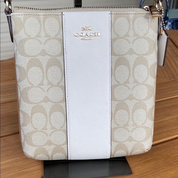 Coach Handbags - Coach Beige Signature Canvas Crossbody with White Stripe and Gold Hardware